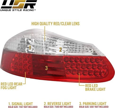 DEPO 986 LED Tail Lights - (UPGRADE) Rear LED Taillights Stop Brake Turn Signal Lamps Set (Left + Right) Compatible with 1997-2004 Porsche Boxster 986 Roadster Base and S (Red/Clear Lens) in Kuwait