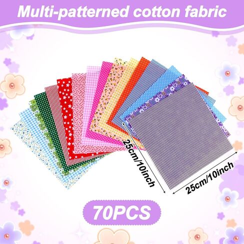 70PCS Cotton Fabric Squares Bundle, 10"x10" Printed Arts Craft DIY Cloths for Quilting Patchwork, Sewing Projects, Scrapbooking & Home Decoration (25x25 cm - 70 Assorted Patterns) in Saudi Arabia