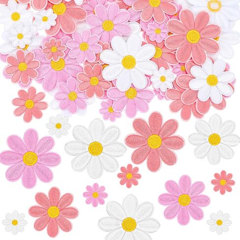 60 Pcs Daisy Flower Patches Iron on - 4 Sizes Colorful Applique Patches - Cute Iron on Flowers Embroidered Sew on Applique for Bags Hats Jeans Jackets Backpacks Shoes T-Shirt Clothes DIY Accessories in Kuwait