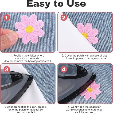 60 Pcs Daisy Flower Patches Iron on - 4 Sizes Colorful Applique Patches - Cute Iron on Flowers Embroidered Sew on Applique for Bags Hats Jeans Jackets Backpacks Shoes T-Shirt Clothes DIY Accessories in Kuwait