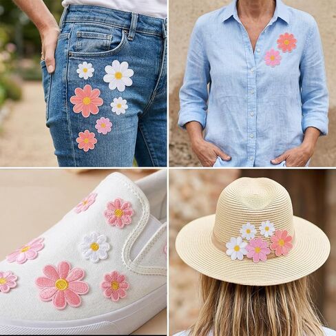 60 Pcs Daisy Flower Patches Iron on - 4 Sizes Colorful Applique Patches - Cute Iron on Flowers Embroidered Sew on Applique for Bags Hats Jeans Jackets Backpacks Shoes T-Shirt Clothes DIY Accessories in Kuwait