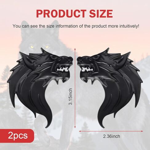 2 PCS Car Wolf Head Decals, 3D Personalized Beast Decoration Emblem, Water and Rust Proof Sticker for Body Window Trunk Tailgate Bumper Tail, Self-adhesive Protective Exterior Badge (Black) in Saudi Arabia