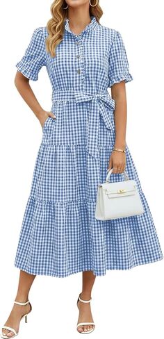 ebossy Women's Vintage Plaid Polo Shirt Dress Ruffled Collar Short Sleeve Loose Mid Long Gingham Dress with Pockets in Saudi Arabia