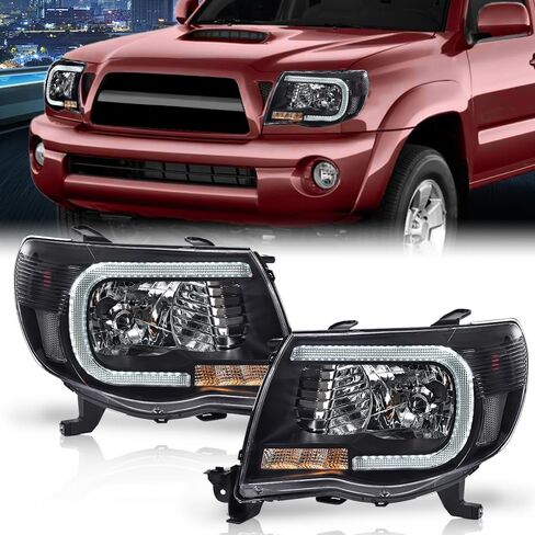 LED DRL Tube Projector Headlights Assembly Pair Compatible with 2005-2011 Toyota Tacoma Headlamps Driver & Passenger Side Clear Lens Black Housing Clear Reflector TO2502157 TO2503157 in Kuwait