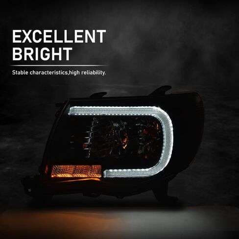 LED DRL Tube Projector Headlights Assembly Pair Compatible with 2005-2011 Toyota Tacoma Headlamps Driver & Passenger Side Clear Lens Black Housing Clear Reflector TO2502157 TO2503157 in Kuwait