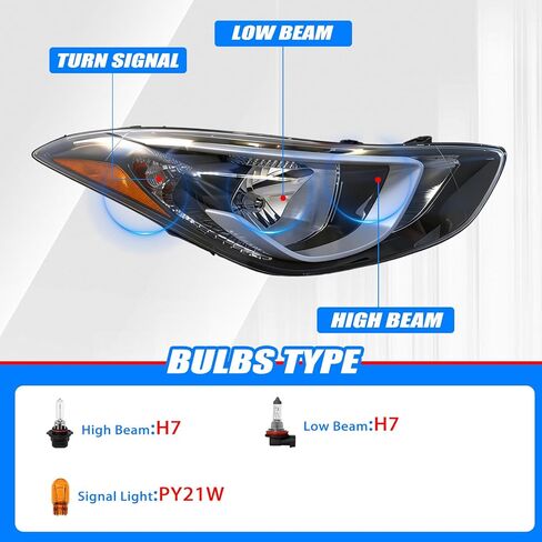 Pair Headlight Assembly Compatible with 2014 2015 2016 Hyundai Elantra w/Bulbs Halogen Headlamp(Left and Right Side) in Kuwait
