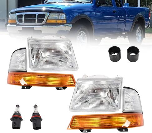 مصباح أمامي هالوجين لجانب السائق متوافق مع Ranger XL XLT EV 2 باب 1998-2000 مع مصابيح زاوية كهرمانية زوج مصباح إشارة أمامي يسار يمين للمصابيح الأمامية مع لمبة FO2502151 FO2503151 in Kuwait