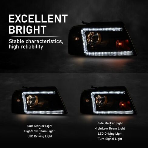 LED DRL Headlights Assembly w/Bulb Fit 2004-2008 Ford F150/2006-2008 Lincoln Mark LT Headlamps(NOT Fit 2004 F150 Heritage/Flareside Beds) Clear Lens Black Housing Clear Reflector Faros para Ford F150 in Kuwait
