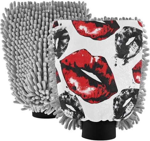 ALAZA Leopard Cheetah Red Lips Car Wash Mitt Scratch Free, 2 Pack Absorbent Microfiber/Chenille Washing & Drying Mitts, L in Kuwait