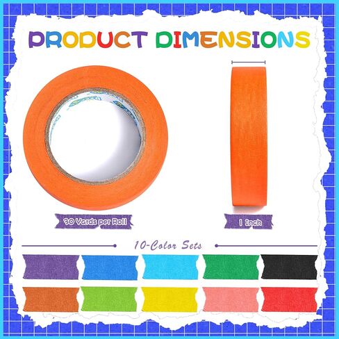 10 Rolls Colored Masking Tape Set, Writeable Painters Tape Refills, 1 Inch Wide, 300 Yards Total, Easy to Remove & Leaves No Residue, Ideal for Arts and Crafts & School Supplies in Saudi Arabia