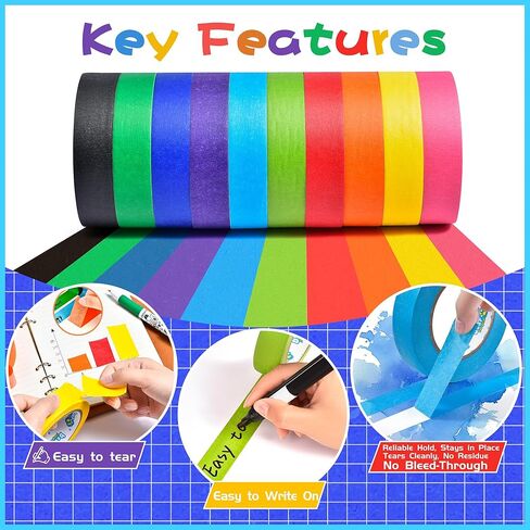 10 Rolls Colored Masking Tape Set, Writeable Painters Tape Refills, 1 Inch Wide, 300 Yards Total, Easy to Remove & Leaves No Residue, Ideal for Arts and Crafts & School Supplies in Saudi Arabia