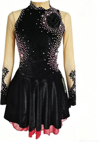 Women's Girls' Ice Skating Dress White Black Purple Velvet High Elasticity Competition Skating Wear Warm Handmade in Saudi Arabia