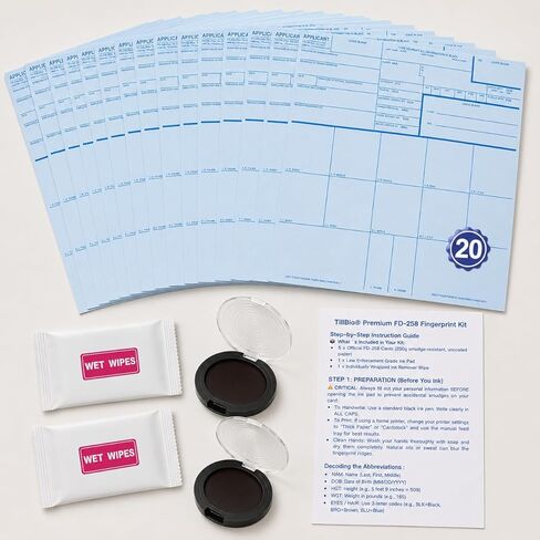 TillBio® FD-258 Fingerprint Card Kit (5-Pack) - Official FBI Applicant Cards with High-Contrast Ink Pad, Remover Wipe & Visual Instruction Guide - 110 lb. Uncoated Smudge-Proof Paper in Saudi Arabia