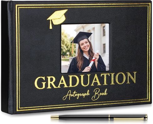 Resurhang 2026 Graduation Autograph Book with Pen Leather Guest Sign in Book Photo Graduation Signature Books 100 Pages Class of Grad Memory Scrapbook for Seniors Night College Party Gifts(Black) in Kuwait