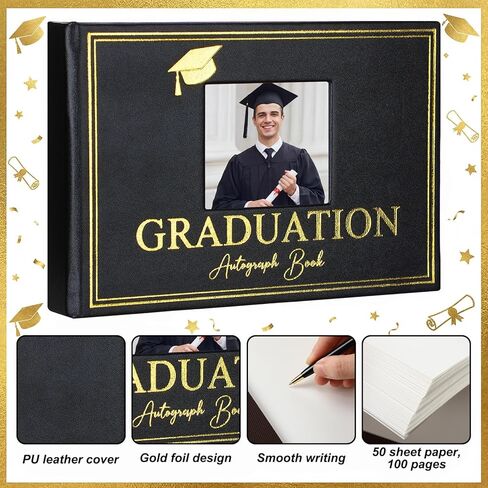Resurhang 2026 Graduation Autograph Book with Pen Leather Guest Sign in Book Photo Graduation Signature Books 100 Pages Class of Grad Memory Scrapbook for Seniors Night College Party Gifts(Black) in Kuwait