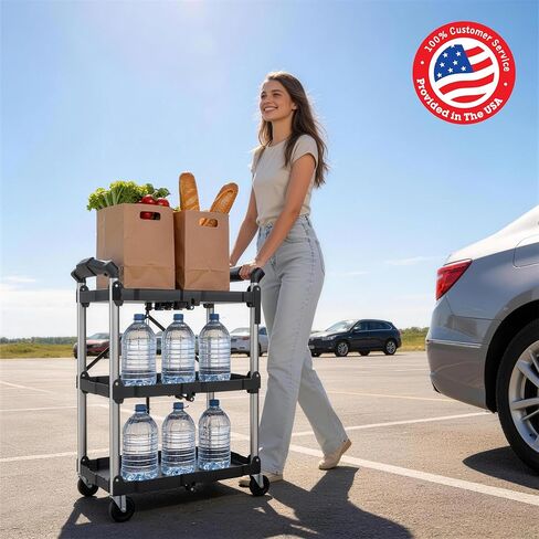 POCHAR 3-Tier Folding Utility Cart with Wheels - Portable Folding Service Cart 330LBS Load Heavy Duty Collapsible Rolling Cart for Warehouse Home Workshops Garages Restaurants Offices in Saudi Arabia