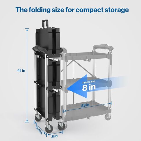 POCHAR 3-Tier Folding Utility Cart with Wheels - Portable Folding Service Cart 330LBS Load Heavy Duty Collapsible Rolling Cart for Warehouse Home Workshops Garages Restaurants Offices in Saudi Arabia