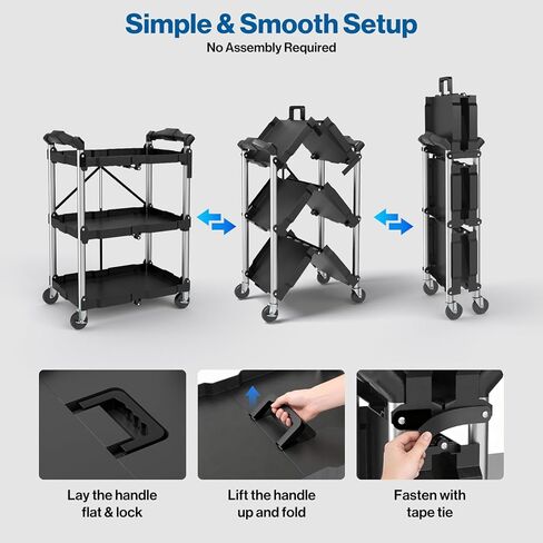 POCHAR 3-Tier Folding Utility Cart with Wheels - Portable Folding Service Cart 330LBS Load Heavy Duty Collapsible Rolling Cart for Warehouse Home Workshops Garages Restaurants Offices in Saudi Arabia