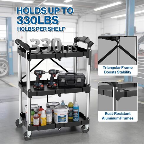 POCHAR 3-Tier Folding Utility Cart with Wheels - Portable Folding Service Cart 330LBS Load Heavy Duty Collapsible Rolling Cart for Warehouse Home Workshops Garages Restaurants Offices in Saudi Arabia
