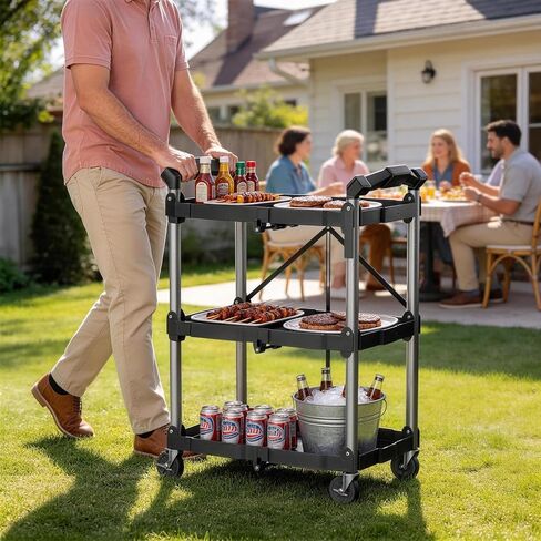 POCHAR 3-Tier Folding Utility Cart with Wheels - Portable Folding Service Cart 330LBS Load Heavy Duty Collapsible Rolling Cart for Warehouse Home Workshops Garages Restaurants Offices in Saudi Arabia