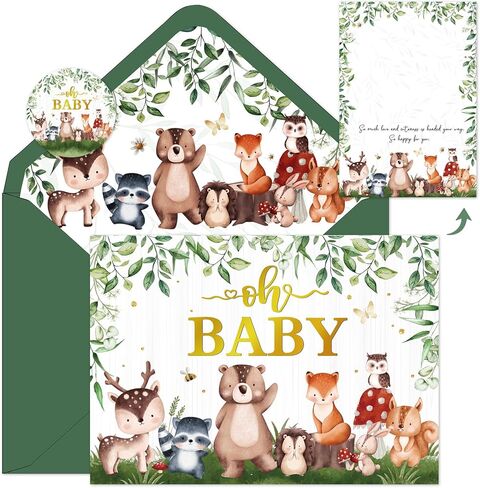 Woodland Animals Baby Shower Card Woodland Welcome Baby Decorations Sage Green Forest Animals Baby Card with Envelope Sticker for New Parents Newborn Birthday Gender Reveal Party Gifts, 5 x 7 Inch in Saudi Arabia