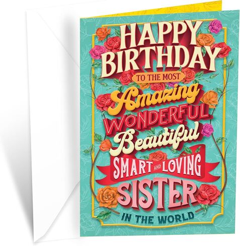 Prime Greetings Sister Birthday Card, Made in America, Thick Card Stock with Premium Envelope Packaged in a Reusable Presentation Mailer, Eco-Friendly, 5in x 7.75in in Kuwait