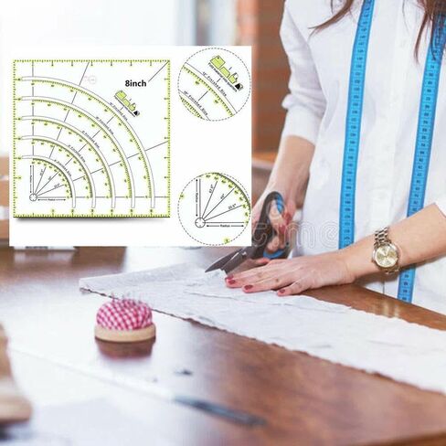 مسطرة قطع دوائر اللحاف بأقواس ومراوح مقاس 8 × 8 بوصة، قالب مرقع أكريليك متعدد الوظائف مع خطوط مزدوجة ملونة لقطع القماش بدقة ولحف اللحف والخياطة #KT-90 in Kuwait