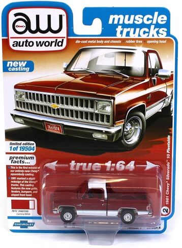 1981 Chevy Silverado 10 Fleetside Carmine Red and White with Red Interior Muscle Trucks Limited Edition to 19504 Pieces Worldwide 1/64 Diecast Model Car by Auto World 64302-AWSP062A in Saudi Arabia