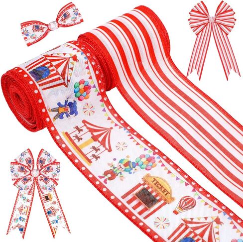 2 Rolls 10 Yards Carnival Circus Theme Wired Edge Ribbon 2.5 Inch Circus Tent Clown Carousel Printed Craft Ribbon for Gift Wrapping Wreath Bow Carnival Party Birthday Decoration in Kuwait