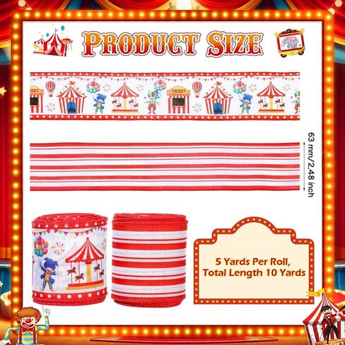 2 Rolls 10 Yards Carnival Circus Theme Wired Edge Ribbon 2.5 Inch Circus Tent Clown Carousel Printed Craft Ribbon for Gift Wrapping Wreath Bow Carnival Party Birthday Decoration in Kuwait