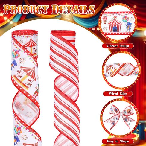2 Rolls 10 Yards Carnival Circus Theme Wired Edge Ribbon 2.5 Inch Circus Tent Clown Carousel Printed Craft Ribbon for Gift Wrapping Wreath Bow Carnival Party Birthday Decoration in Kuwait
