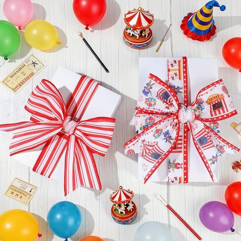 2 Rolls 10 Yards Carnival Circus Theme Wired Edge Ribbon 2.5 Inch Circus Tent Clown Carousel Printed Craft Ribbon for Gift Wrapping Wreath Bow Carnival Party Birthday Decoration in Kuwait