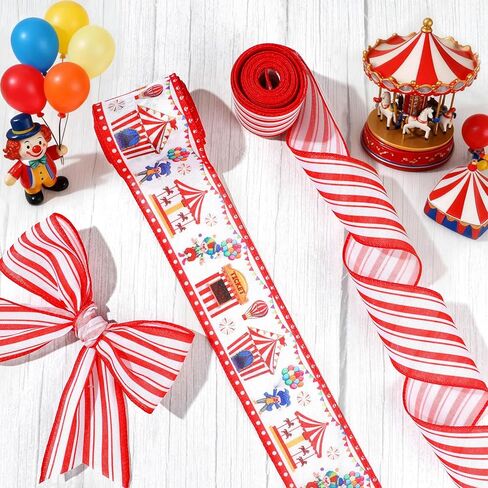 2 Rolls 10 Yards Carnival Circus Theme Wired Edge Ribbon 2.5 Inch Circus Tent Clown Carousel Printed Craft Ribbon for Gift Wrapping Wreath Bow Carnival Party Birthday Decoration in Kuwait