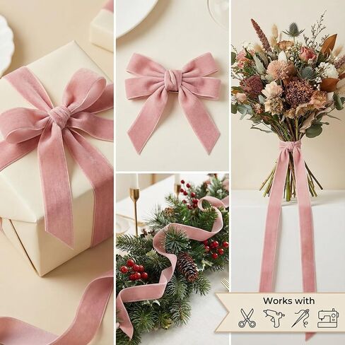 Pink Velvet Ribbon, 2.5 cm Wide and 10 Yards Long, with Velvety Edges, Suitable for Gift Wrapping, Christmas Decorations, DIY Crafts, and Fashion Accessories. in Kuwait
