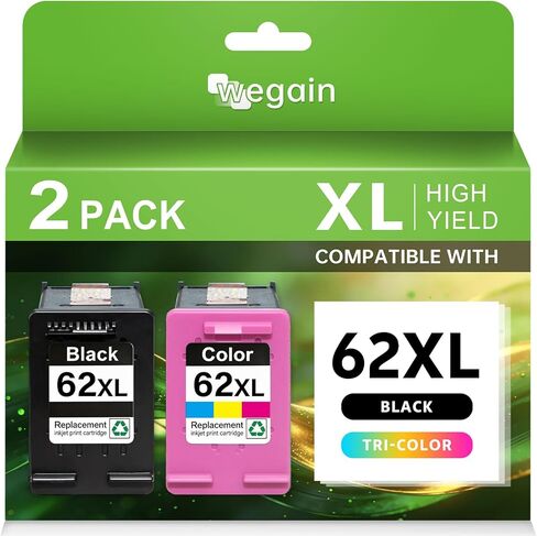 62XL Ink Cartridge Black and Color Combo Pack Compatible Replacement for HP Ink 62XL HP62 HP62XL Work with Envy 7640 5540 5640 5660 7645 OfficeJet 200 250 5740 5741 8040 (1 Black, 1 Tri-Color) in Saudi Arabia