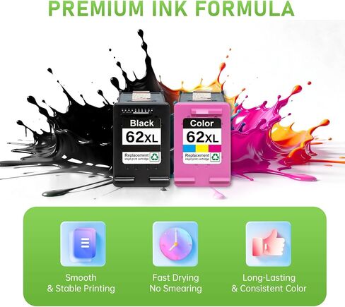 62XL Ink Cartridge Black and Color Combo Pack Compatible Replacement for HP Ink 62XL HP62 HP62XL Work with Envy 7640 5540 5640 5660 7645 OfficeJet 200 250 5740 5741 8040 (1 Black, 1 Tri-Color) in Saudi Arabia