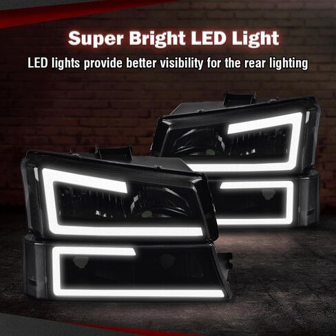 CHEDA Headlights Assembly, Compatible with 2003-2007 Chevy Silverado Avalanche, Smoky Lens Black Housing Clear Reflector LED DRL Bumper Headlamps Set, GM2503224 Faros Conjunto De Faros in Kuwait