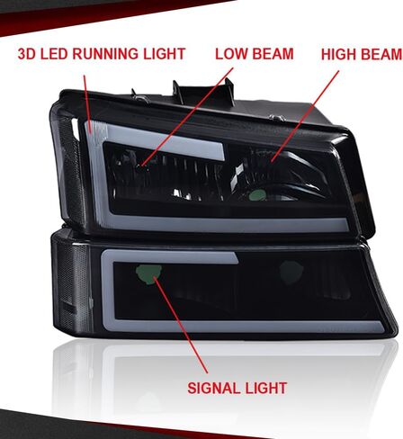 CHEDA Headlights Assembly, Compatible with 2003-2007 Chevy Silverado Avalanche, Smoky Lens Black Housing Clear Reflector LED DRL Bumper Headlamps Set, GM2503224 Faros Conjunto De Faros in Kuwait