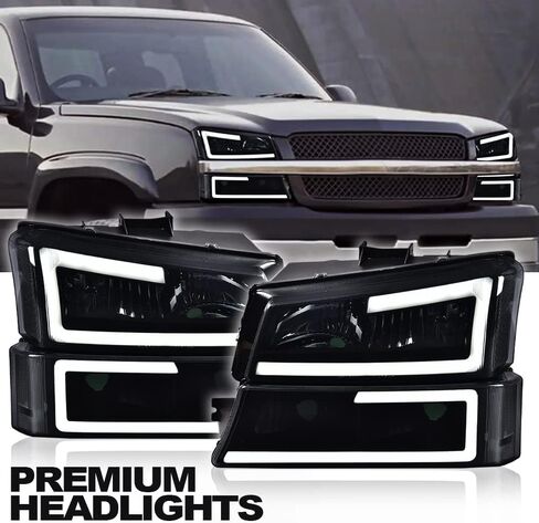CHEDA Headlights Assembly, Compatible with 2003-2007 Chevy Silverado Avalanche, Smoky Lens Black Housing Clear Reflector LED DRL Bumper Headlamps Set, GM2503224 Faros Conjunto De Faros in Kuwait
