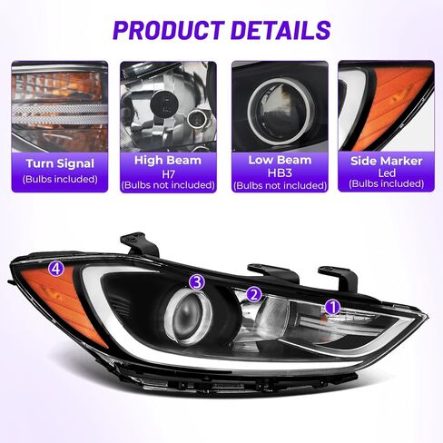 Headlight Assembly Compatible with 2017 2018 Hyundai Elantra Black Housing,Right Passenger Side in Kuwait