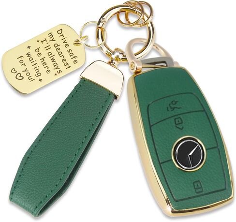 Soft TPU & Leather Key Fob Cover Compatible with Mercedes Benz A C E G S Class,CLA CLS GLA GLC GLE GLS GLK GL GT SLC SL SLK SLS, with Keychain & Metal Blessing Tag (4 Button Black) in Saudi Arabia