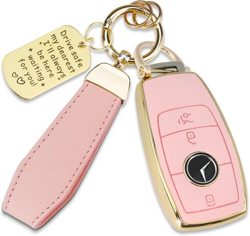 Soft TPU & Leather Key Fob Cover Compatible with Mercedes Benz A C E G S Class,CLA CLS GLA GLC GLE GLS GLK GL GT SLC SL SLK SLS, with Keychain & Metal Blessing Tag (4 Button Black) in Saudi Arabia