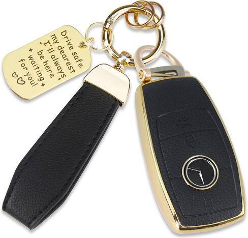 Soft TPU & Leather Key Fob Cover Compatible with Mercedes Benz A C E G S Class,CLA CLS GLA GLC GLE GLS GLK GL GT SLC SL SLK SLS, with Keychain & Metal Blessing Tag (4 Button Black) in Saudi Arabia