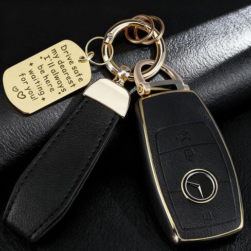 Soft TPU & Leather Key Fob Cover Compatible with Mercedes Benz A C E G S Class,CLA CLS GLA GLC GLE GLS GLK GL GT SLC SL SLK SLS, with Keychain & Metal Blessing Tag (4 Button Black) in Saudi Arabia