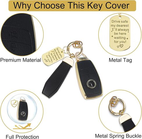 Soft TPU & Leather Key Fob Cover Compatible with Mercedes Benz A C E G S Class,CLA CLS GLA GLC GLE GLS GLK GL GT SLC SL SLK SLS, with Keychain & Metal Blessing Tag (4 Button Black) in Saudi Arabia