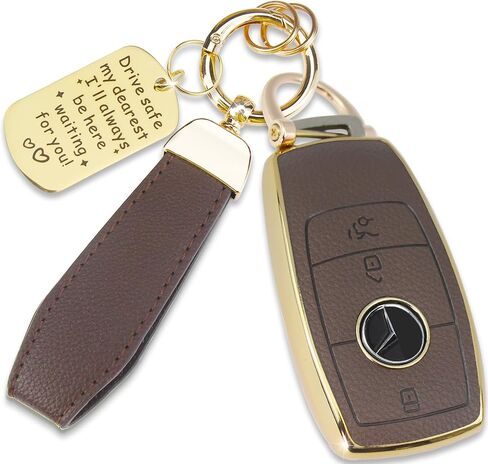 Soft TPU & Leather Key Fob Cover Compatible with Mercedes Benz A C E G S Class,CLA CLS GLA GLC GLE GLS GLK GL GT SLC SL SLK SLS, with Keychain & Metal Blessing Tag (4 Button Black) in Saudi Arabia