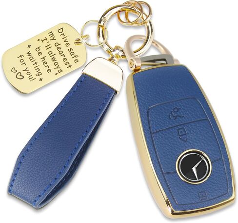 Soft TPU & Leather Key Fob Cover Compatible with Mercedes Benz A C E G S Class,CLA CLS GLA GLC GLE GLS GLK GL GT SLC SL SLK SLS, with Keychain & Metal Blessing Tag (4 Button Black) in Saudi Arabia