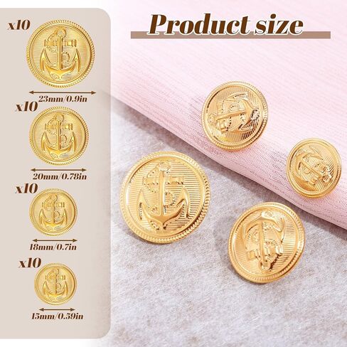 40 Pcs Metal Gold Blazer Buttons Set,15mm 18mm 20mm 23mm Size Gold Anchor Blazer Buttons, Antique Coat Button for Suit Jacket, Uniform, Overcoat, Sewing Craft Button in Kuwait