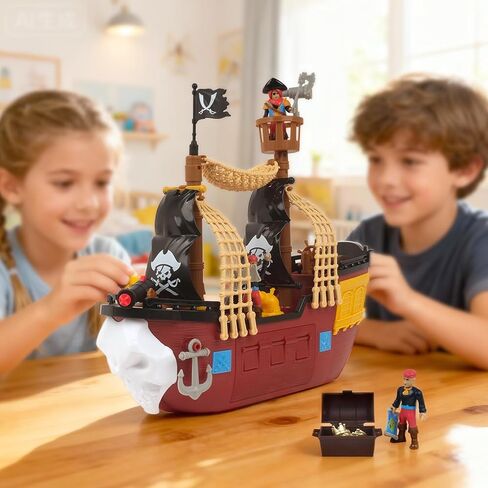 Goldlok Pirate Ship Adventure Playset with Lights and Sounds - Includes 2 Pirate Figures, Treasure Chest & Cannons - Pretend Play Gift for Kids Ages 3+ Boys Girls - Birthday, for Kids in Kuwait