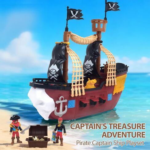 Goldlok Pirate Ship Adventure Playset with Lights and Sounds - Includes 2 Pirate Figures, Treasure Chest & Cannons - Pretend Play Gift for Kids Ages 3+ Boys Girls - Birthday, for Kids in Kuwait